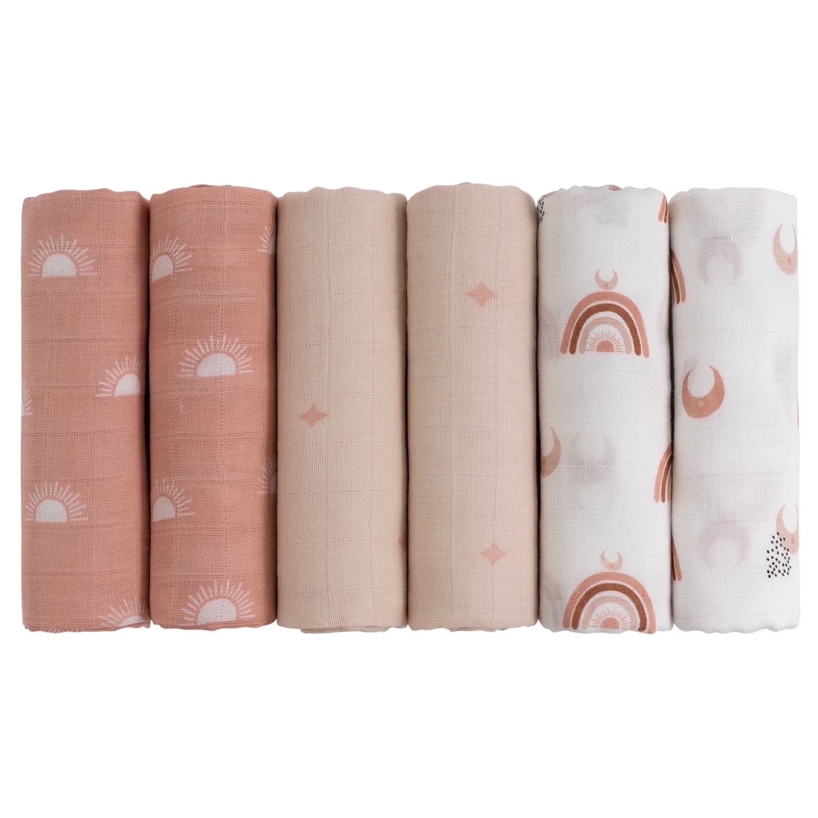 Muslin Organic Cotton Swaddle Blankets 6-Pack for Newborn Infant Girls and Boys, Sun and Moon