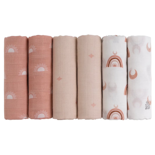 Muslin Organic Cotton Swaddle Blankets 6-Pack for Newborn Infant Girls and Boys, Sun and Moon
